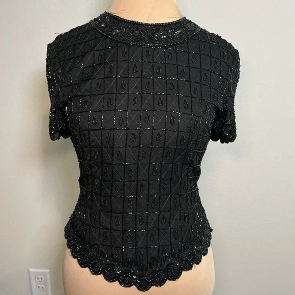 Vintage Black Beaded Short Sleeve Women's Top - Picture 1 of 12